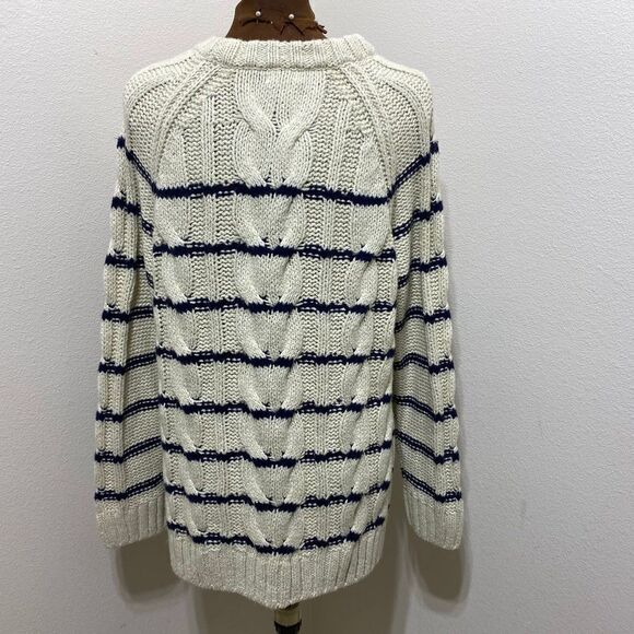 J Jill Womens Sweater Ivory Blue Stripe Cable Knit Nautical Crew Neck Medium - Picture 4 of 7